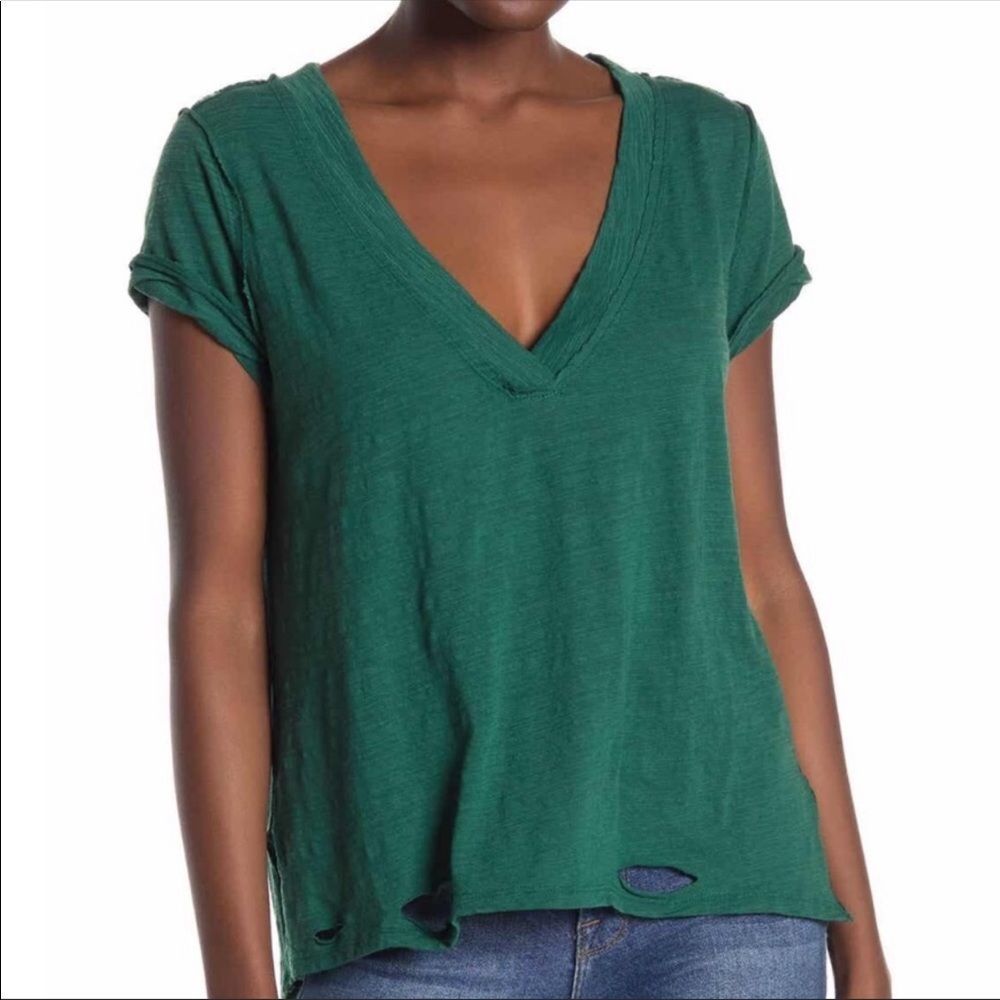 Free People Green V-Neck Rolled Sleeve Tee